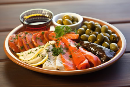 assortment of marinated foods on a ceramic plate, created with generative aiの素材