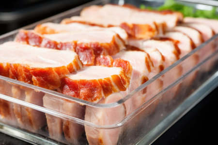 chilled, marinated pork belly slices in a refrigerator, created with generative aiの素材