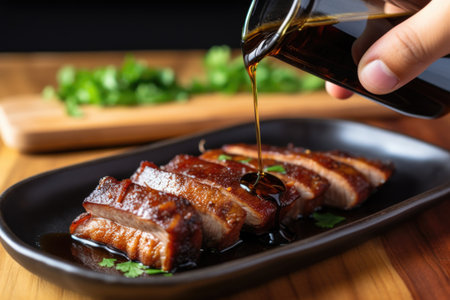 hand pouring a soy sauce marinade on pork belly slices, created with generative aiの素材