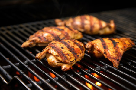 close-up of grill grate with marinated wings and charcoal below, created with generative aiの素材