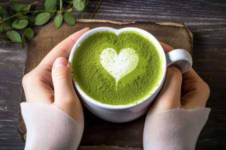 hand making heart shape with frothed milk on a matcha latte, created with generative aiの素材