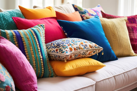 an array of colourful throw pillows on a daybed, created with generative aiの素材