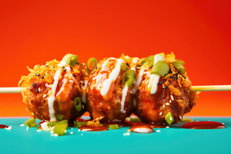 up close shot of meatball skewer on a fluorescent backdrop, created with generative aiの素材