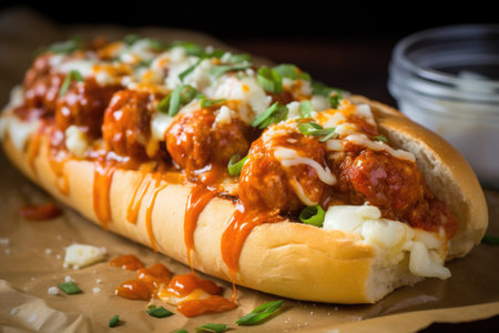 meatball sub with onions and smoked cheese on a piece of parchment, created with generative aiの素材
