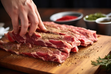hand rubbing spices on raw pork ribs, created with generative aiの素材