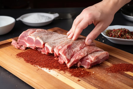 hand patting dry fresh pork ribs before adding rub, created with generative aiの素材