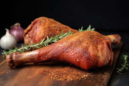 smoked turkey legs with dusting of spice rub, created with generative aiの素材