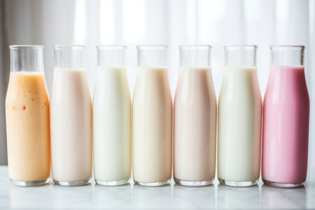 variety of flavored milk bottles in a row, created with generative aiの素材