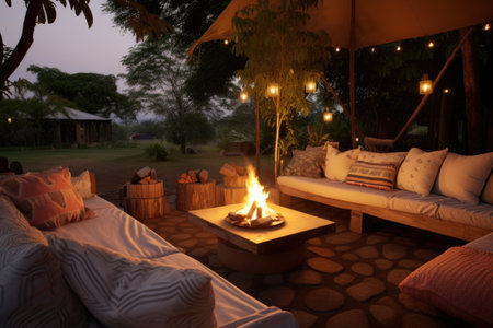 a tranquil outdoor seating area with cushions around a bonfire, created with generative aiの素材