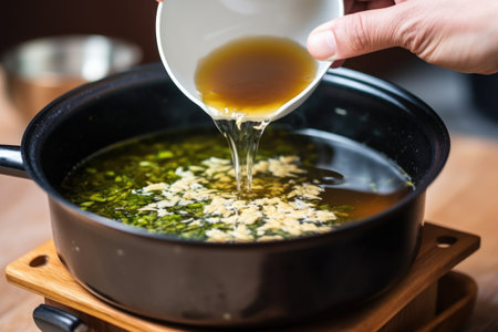 hand stirring miso soup while adding soy sauce, created with generative aiの素材