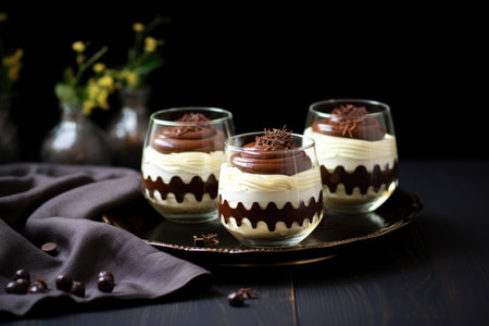 dark and white chocolate mousse in round glass bowls, created with generative aiの素材