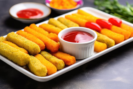colorful side view of mozzarella sticks on a serving tray, created with generative aiの素材