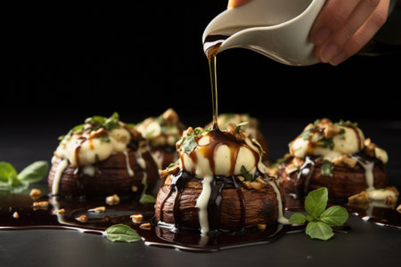 hand drizzling warm mushrooms stuffed with melty fontina cheese with balsamic glaze, created with generative aiの素材
