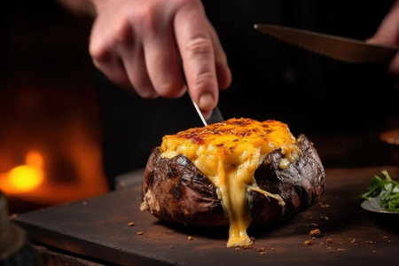 hand holding a knife, through hot melted cheese in a stuffed mushroom, created with generative aiの素材
