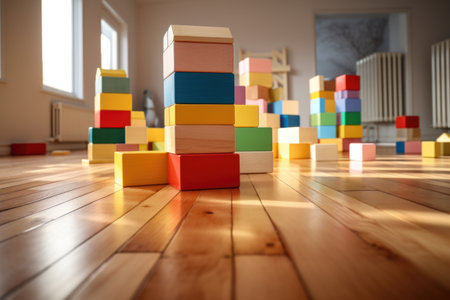 building blocks stacked high on a playroom floor, created with generative aiの素材