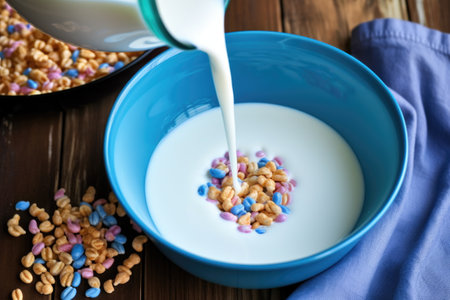 top view of milk being poured into a blue bowl of cereal, created with generative aiの素材