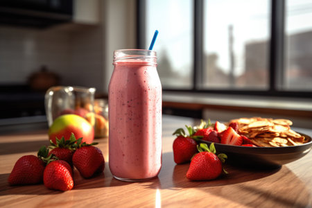 fresh fruit smoothie bottle near a desktop, created with generative aiの素材