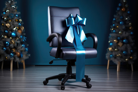 a blue office chair decorated with a festive ribbon, created with generative aiの素材