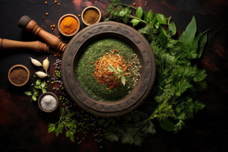 aerial view of mortar with mixed spices surrounded by fresh herbs, created with generative aiの素材