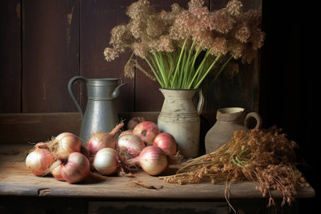 a bunch of freshly picked onions spread on a wooden table, created with generative aiの素材
