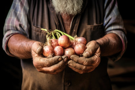 farmers hands holding a bunch of harvested onions, created with generative aiの素材