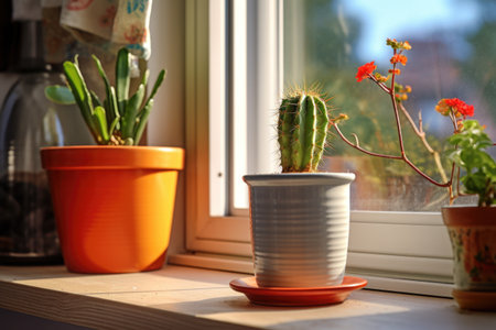 tiny chili plant in a pot next to a cactus on a kitchen windowsill, created with generative aiの素材