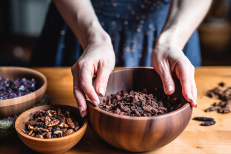 a hand adding organic raw cacao nibs to an acai bowl, created with generative aiの素材