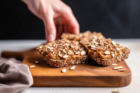 hand almond butter covered toast on wooden board, created with generative aiの素材