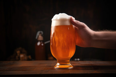 hand foaming up a head on a glass of amber ale, created with generative aiの素材