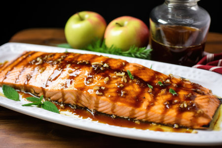 grilled salmon fillet with shiny apple cider glaze on a platter, created with generative aiの素材