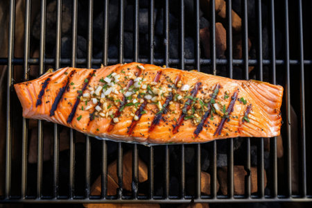 top view of grilled salmon brushed with apple cider on a bbq, created with generative aiの素材