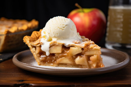 apple pie with a scoop of vanilla ice cream melting on the side, created with generative aiの素材
