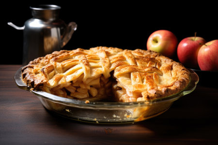apple pie in a dish with silhouette of an apple cut-out on top, created with generative aiの素材