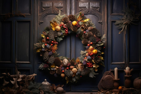 seasonal wreath with pinecones on a door, created with generative aiの素材