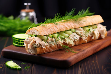 freshly made baguette sandwich with tuna and cucumber, created with generative aiの素材