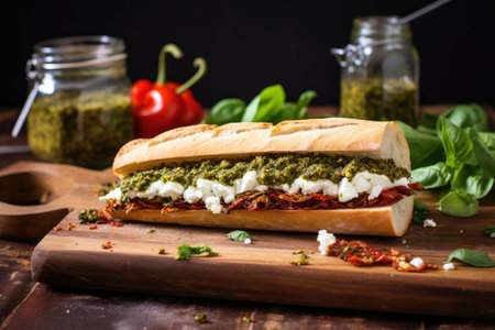 baguette sandwich with pesto, sundried tomato, and goat cheese, created with generative aiの素材