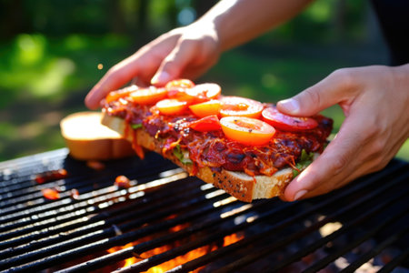 hand placing a tomato slice on a barbecue rib sandwich, created with generative aiの素材