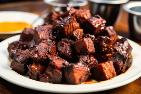 bbq burnt ends piled neatly on a plate, created with generative aiの素材