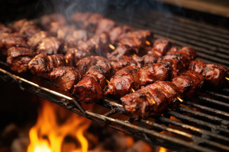 side view of sizzling hot links on an old-style bbq, created with generative aiの素材
