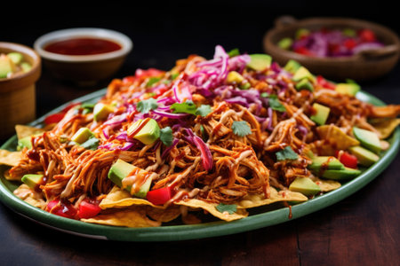 bbq jackfruit nachos served on a ceramic dish, created with generative aiの素材