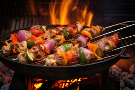 chicken drumsticks and skewered veggies cooking on an open flame, created with generative aiの素材
