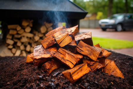 pile of seasoned wood near a bbq smoker, created with generative aiの素材
