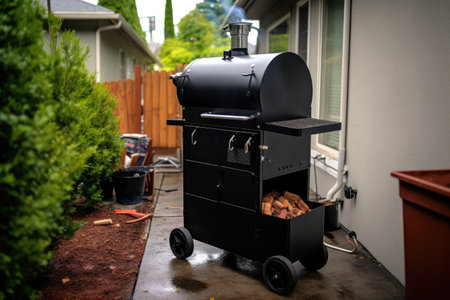 side angle view of smoking bbq smoker, created with generative aiの素材