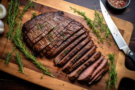 overhead shot of grilled beef brisket slices on a kitchen table, created with generative aiの素材