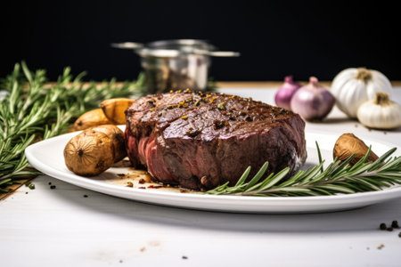 beef roast surrounded by whole garlic and rosemary on a ceramic dish, created with generative aiの素材