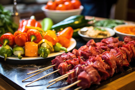 skewered vegetables and meats ready for churrasco bbq, created with generative aiの素材