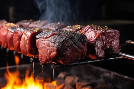 picanha steak pieces on skewer above hot charcoal, created with generative aiの素材