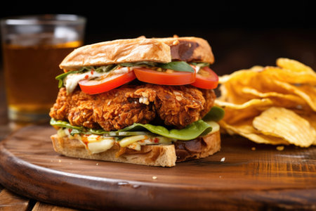 a breakfast sandwich with fried chicken and waffles, created with generative aiの素材