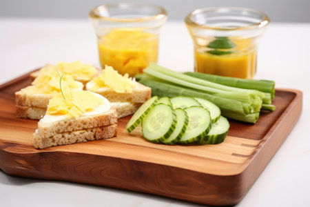 sandwich with eggs, cheese, and cucumber on a wooden tray, created with generative aiの素材