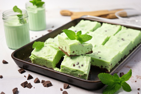 mint chocolate chip brownies on a paper tray, created with generative aiの素材